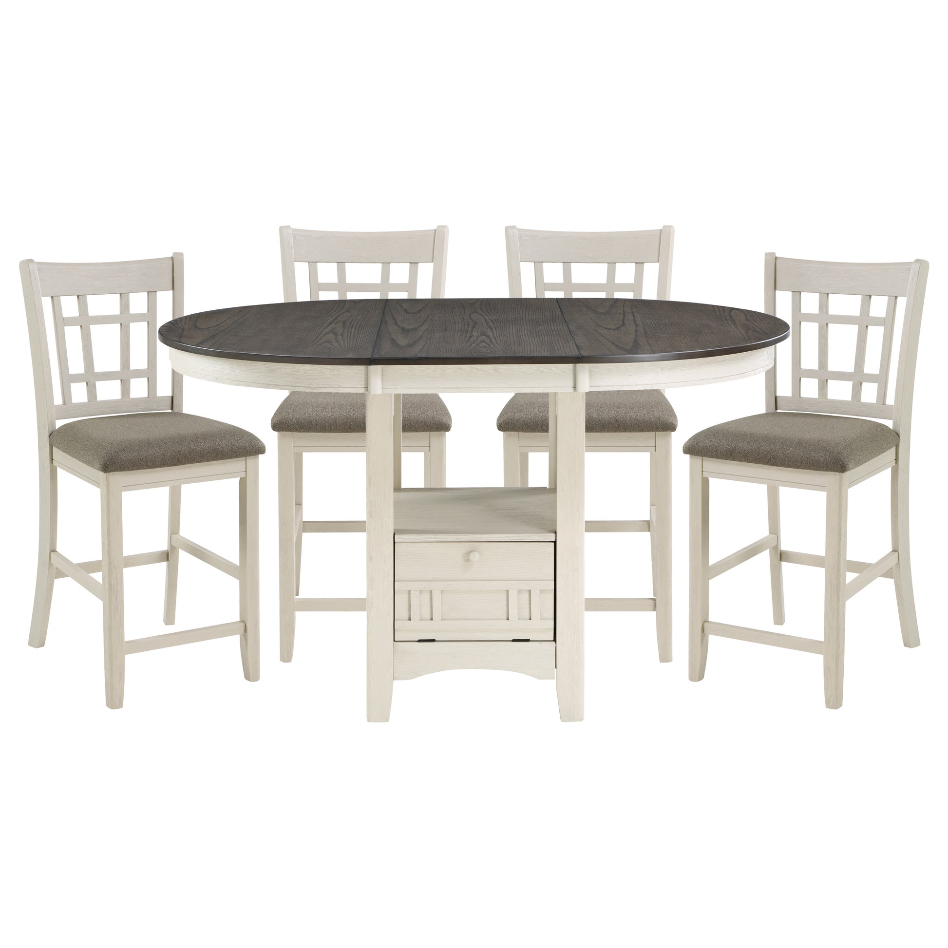 Round counterheight dining table with four white chairs with grey seats