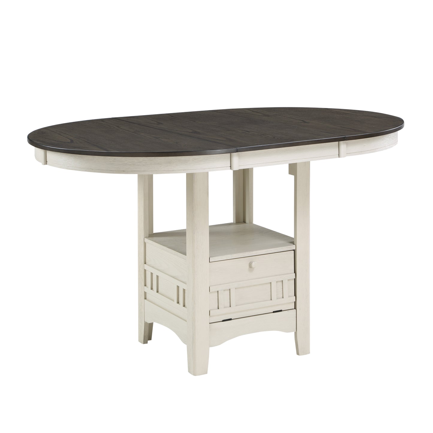 Oval kitchen island with weathered white base and dark wood top