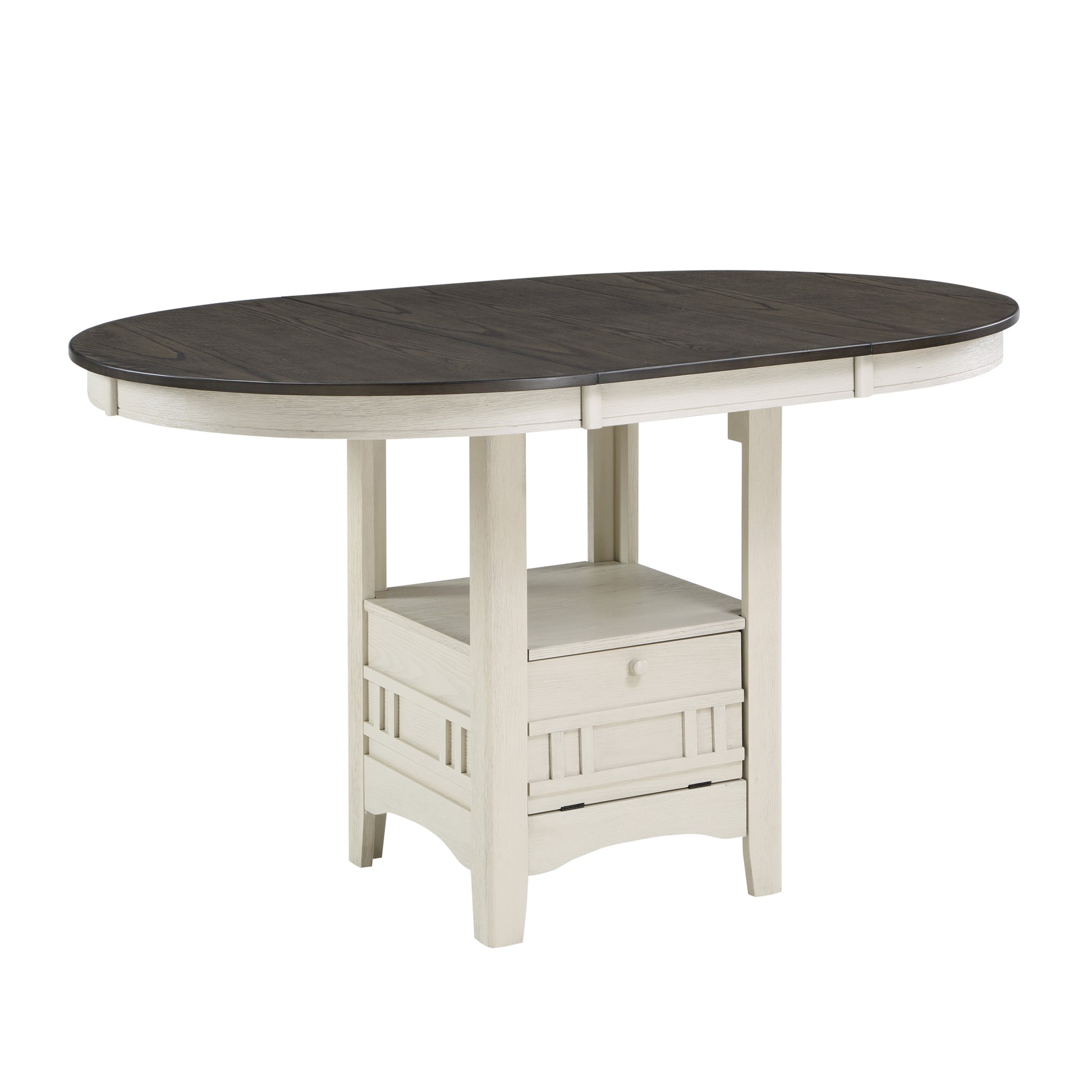 Oval kitchen island with weathered white base and dark wood top