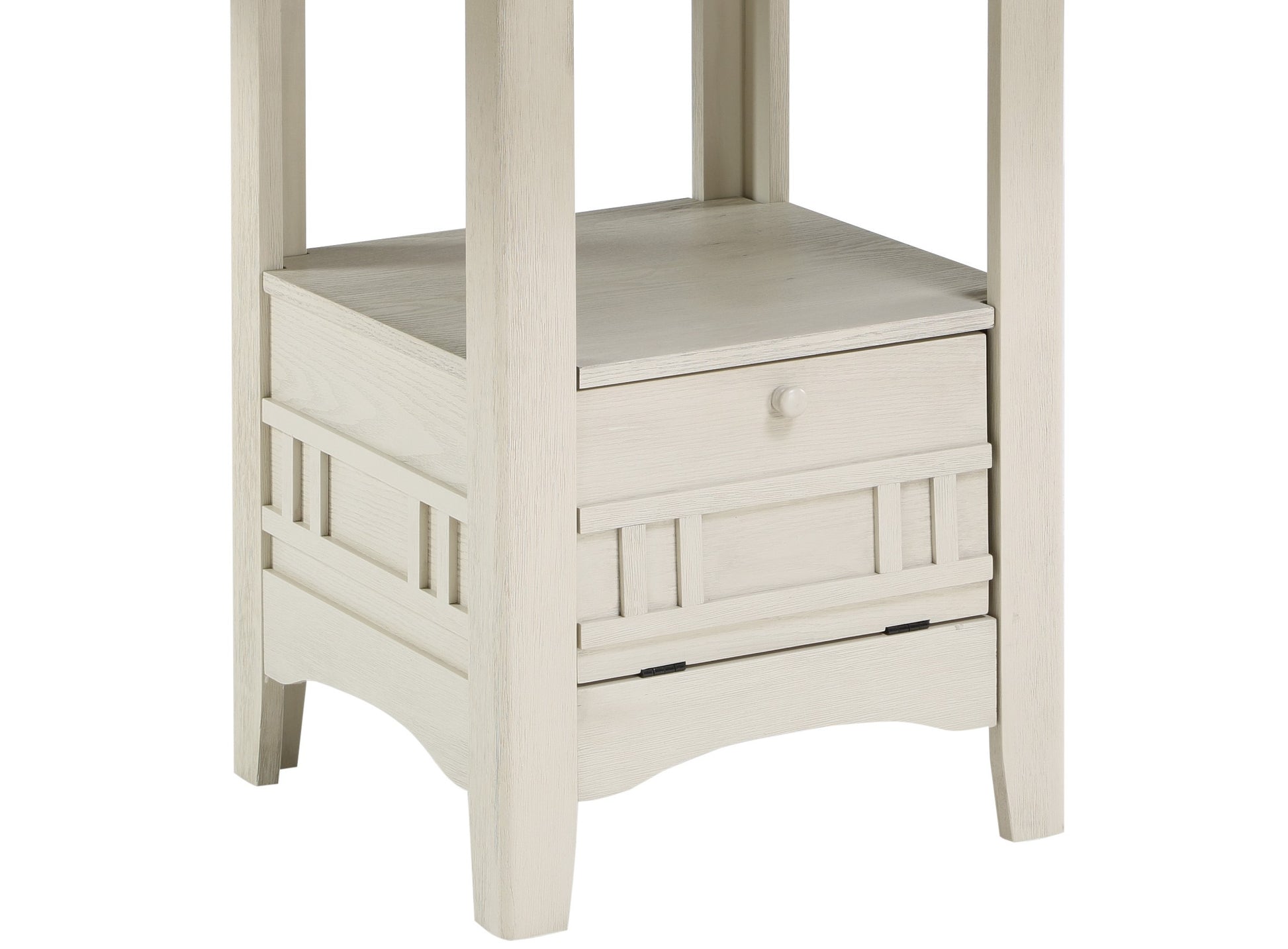 Rustic white wash end table with one drawer and two open shelves