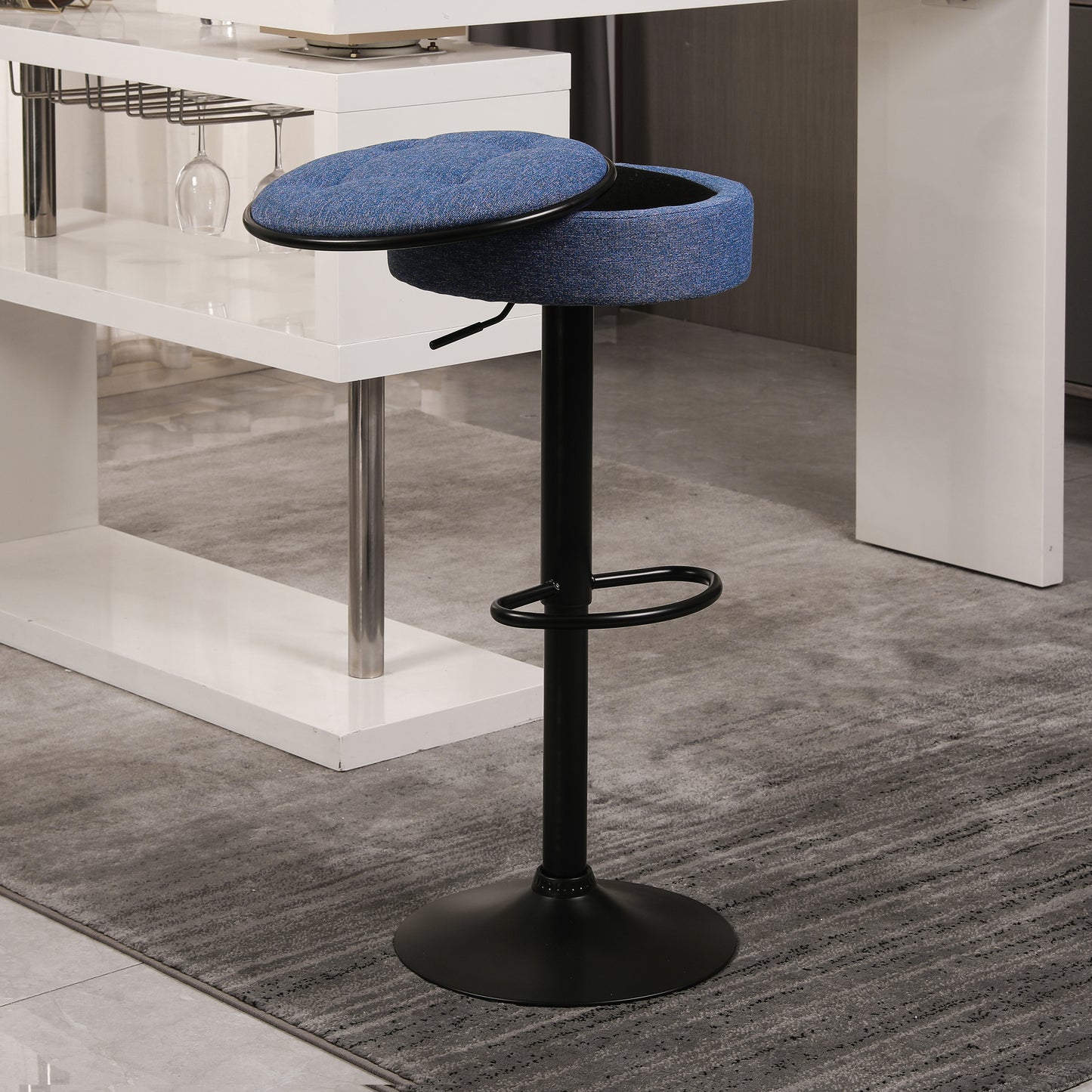 Blue upholstered bar stool with hidden storage