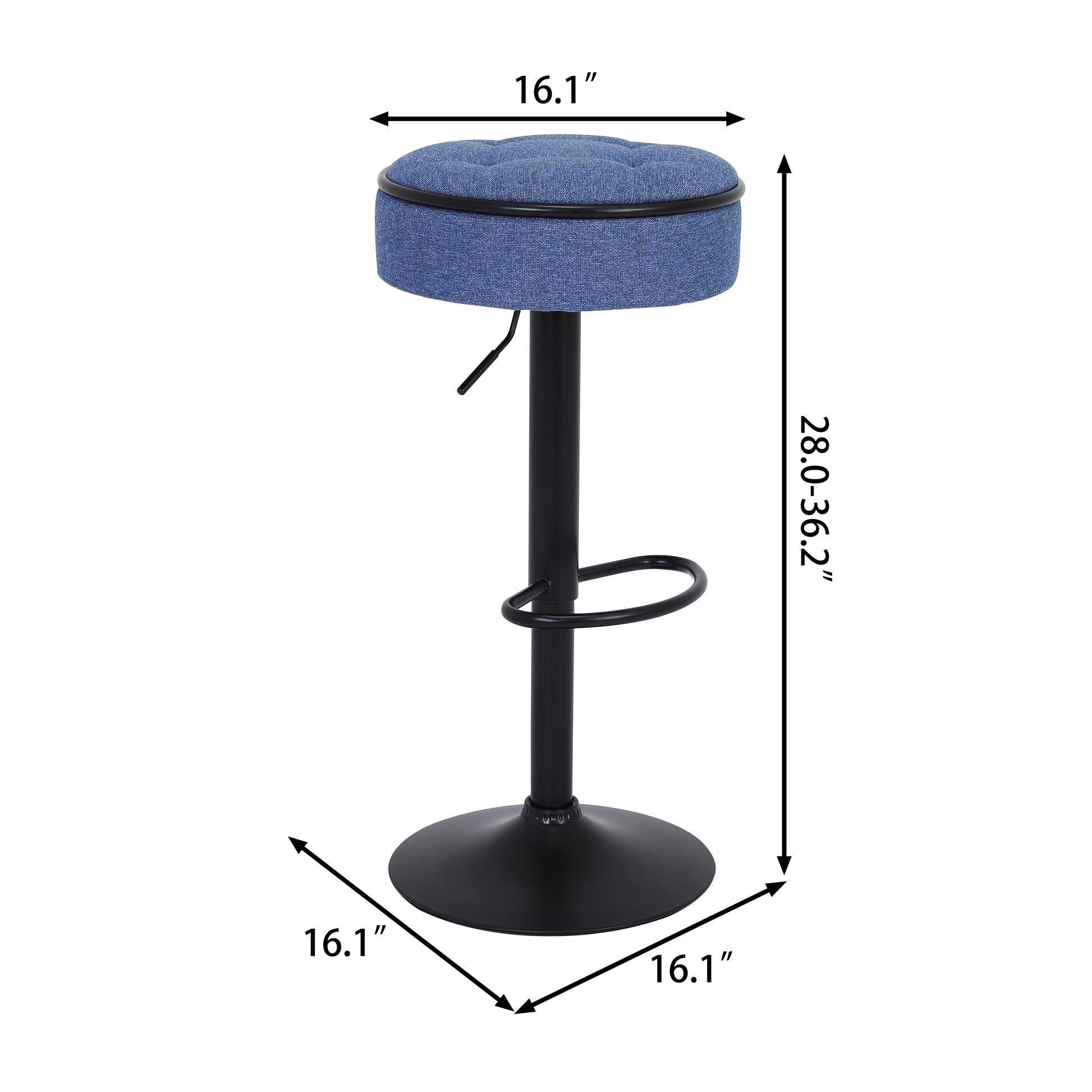 Tufted blue fabric bar stool with adjustable height and black metal base