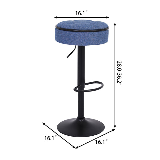 Tufted blue fabric bar stool with adjustable height and black metal base