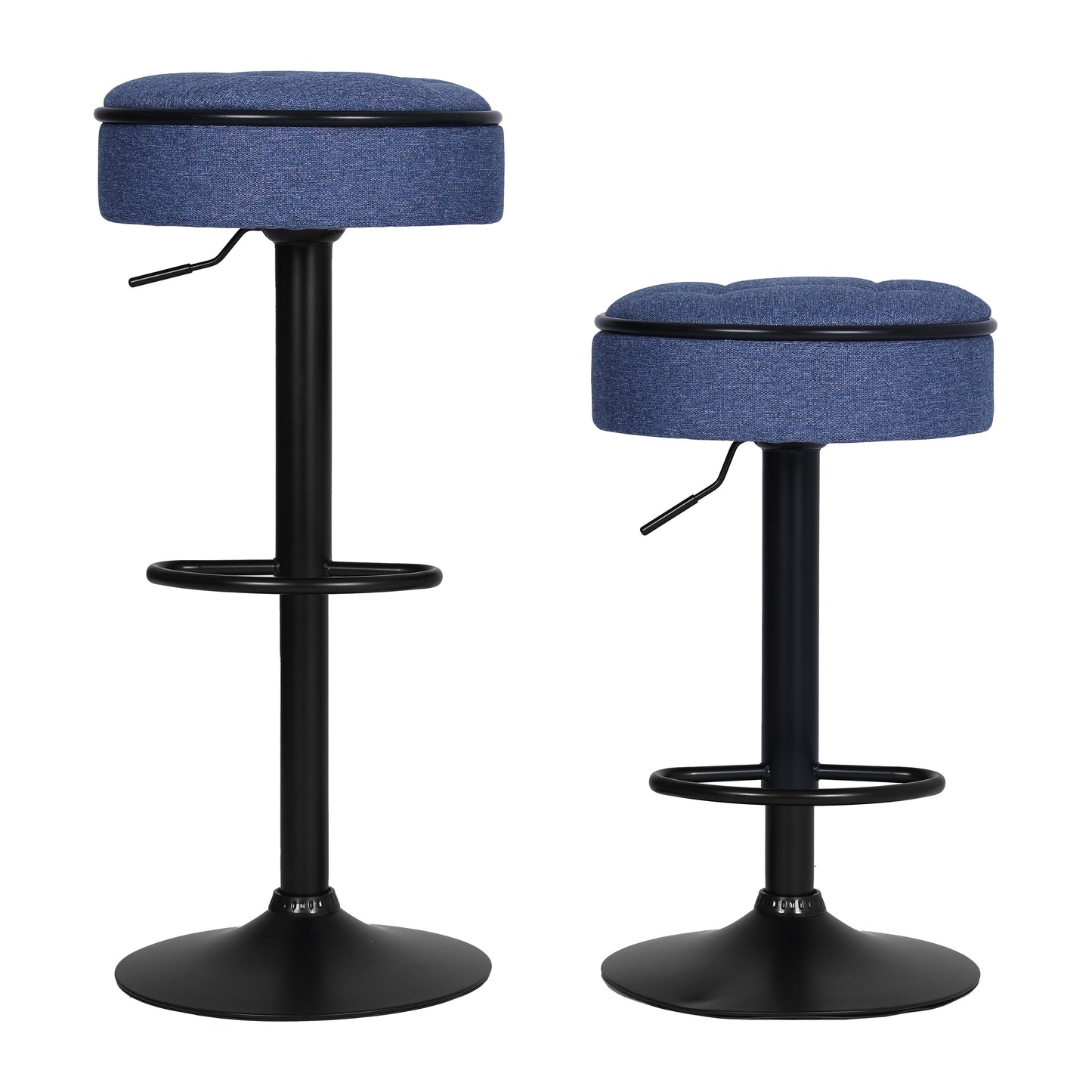 Adjustable height blue fabric bar stool with black metal base