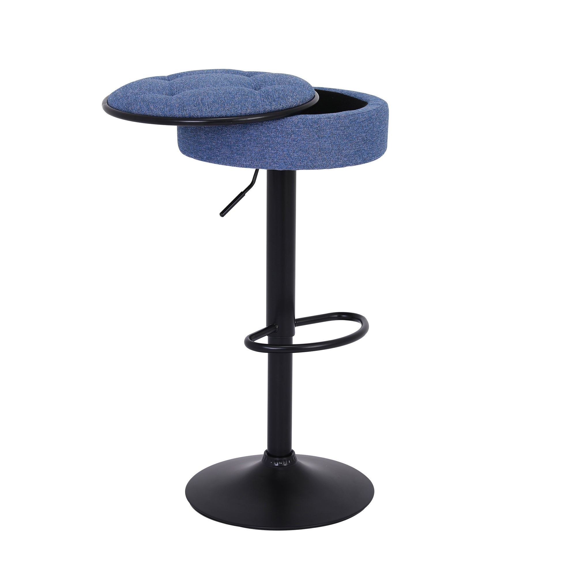 Blue fabric tufted bar stool with hidden storage compartment