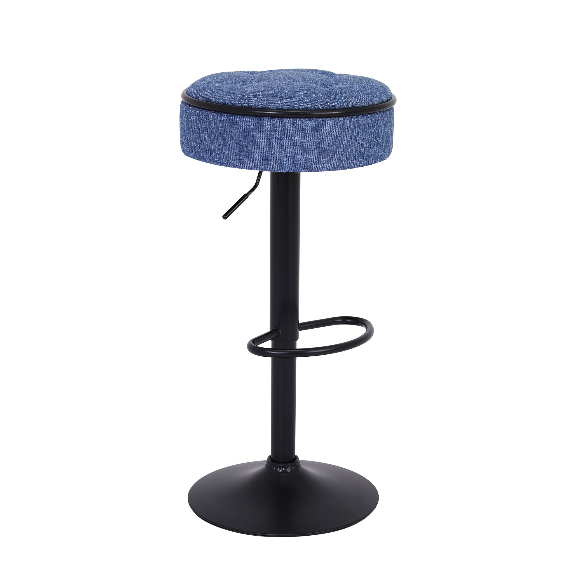 Blue upholstered adjustable height bar stool with tufted seat and black metal base