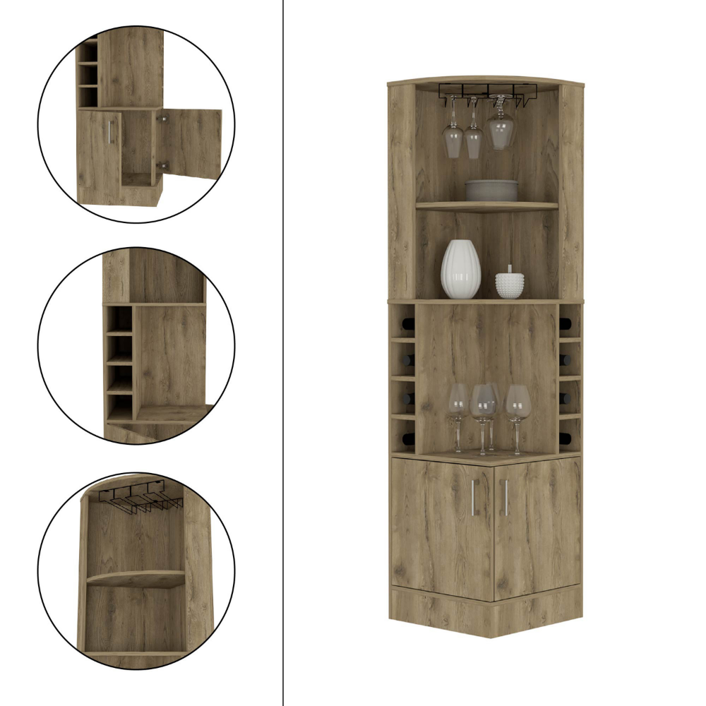 Corner bar cabinet in distressed wood finish with wine racks