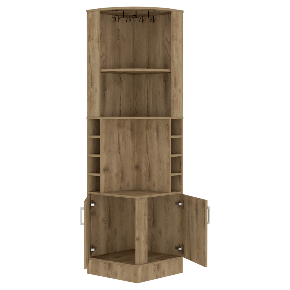 Corner bar cabinet with wine glass rack and open doors