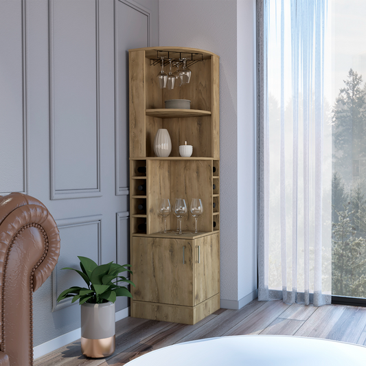 Rustic oak corner bar cabinet with wine racks and glass hangers
