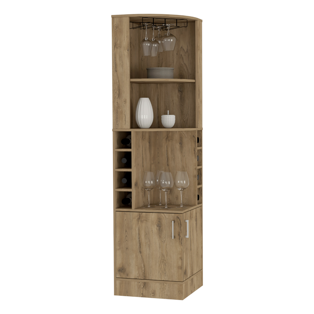 Wooden corner bar cabinet with wine rack and glass holder