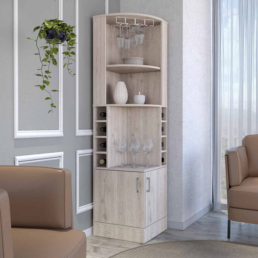 Light oak corner bar cabinet with wine racks and glass holder