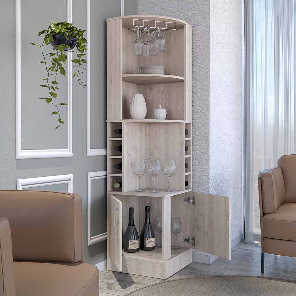 Light wood corner bar cabinet with wine rack and glass storage