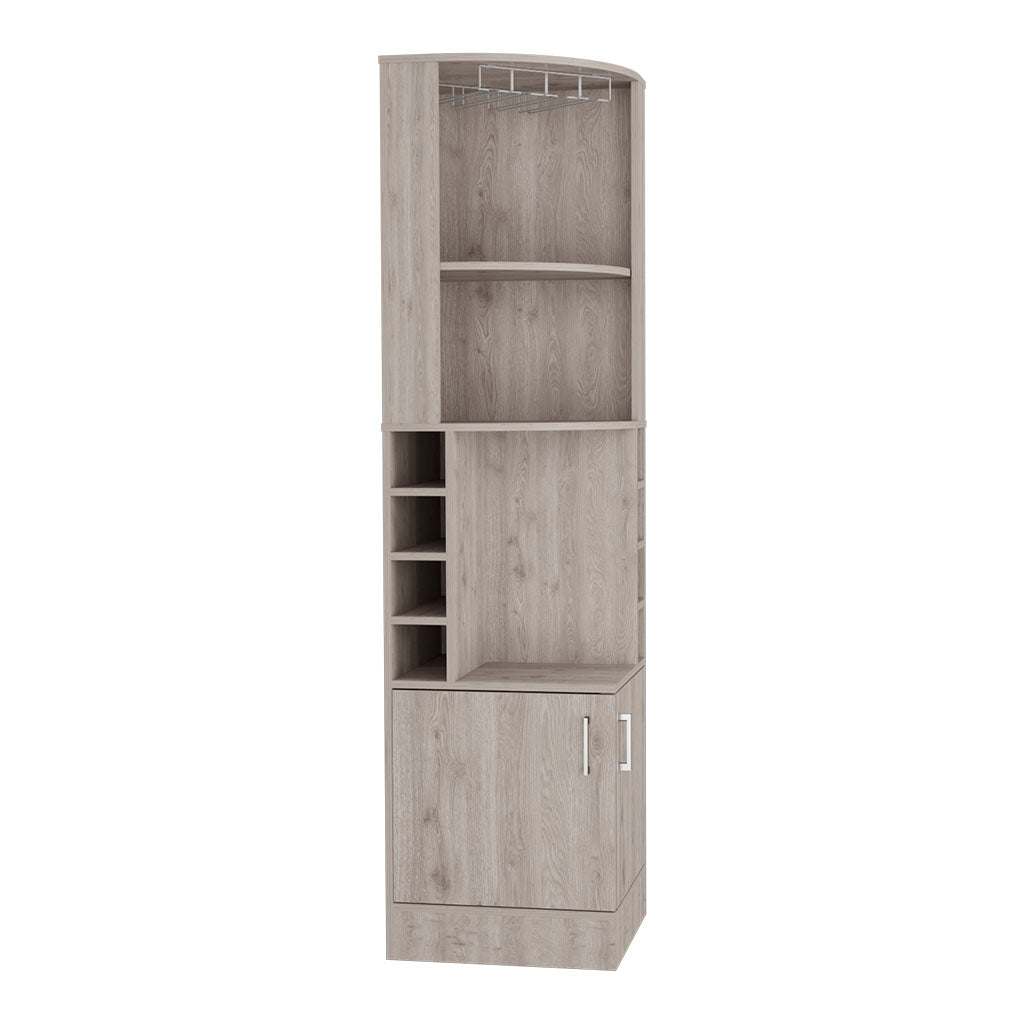Gray wood wine cabinet with glass rack and bottle shelves