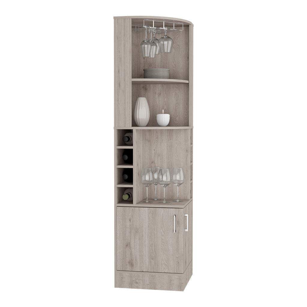 Light oak corner bar cabinet with wine rack and glass holder