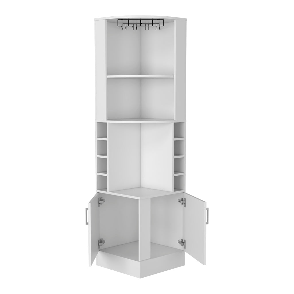 White corner cabinet with wine glass rack and open doors