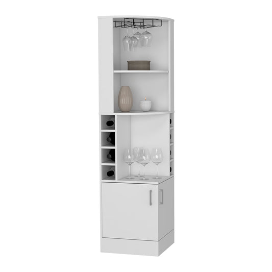 White corner bar cabinet with wine rack and glass holder