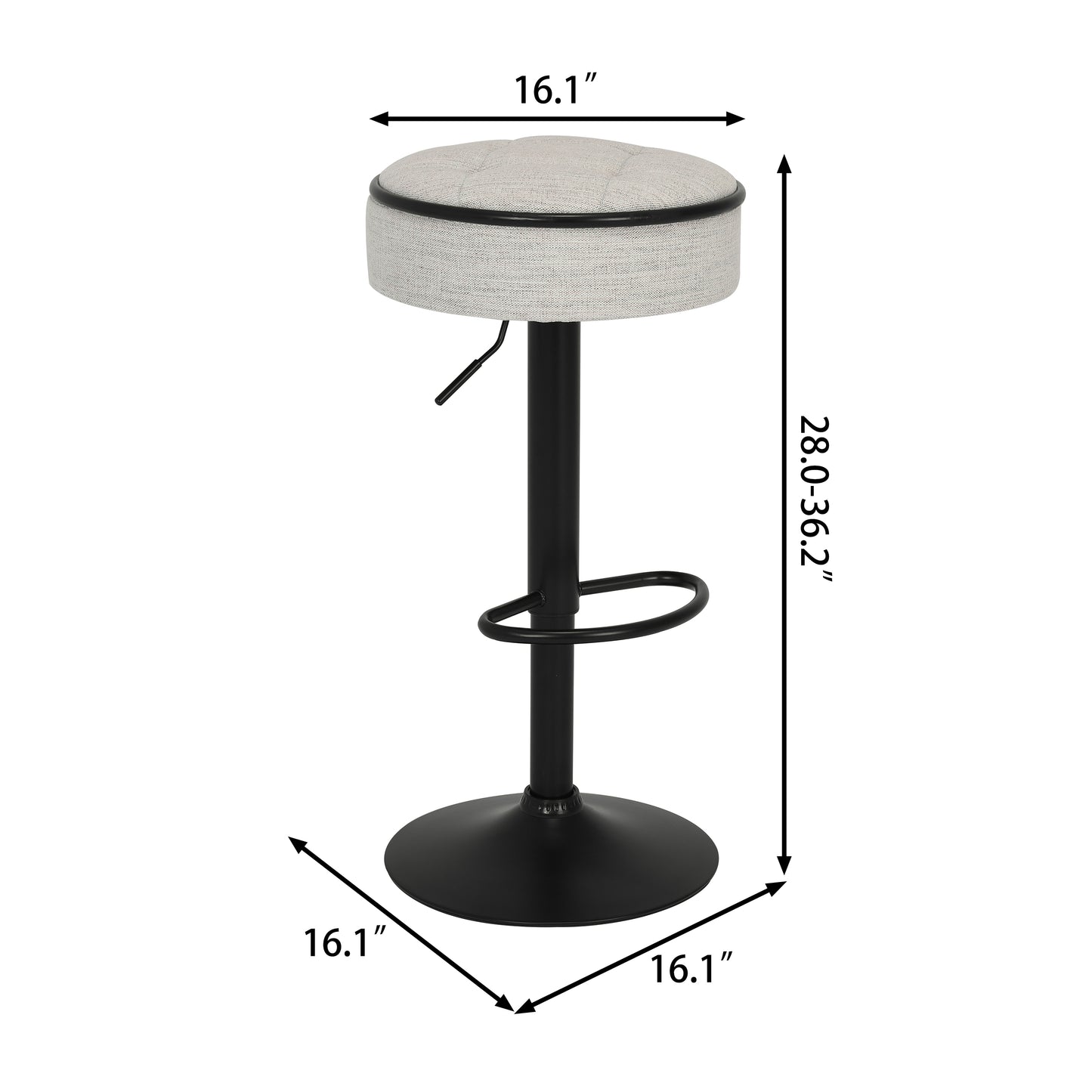 Adjustable height grey fabric bar stool with black metal base and footrest