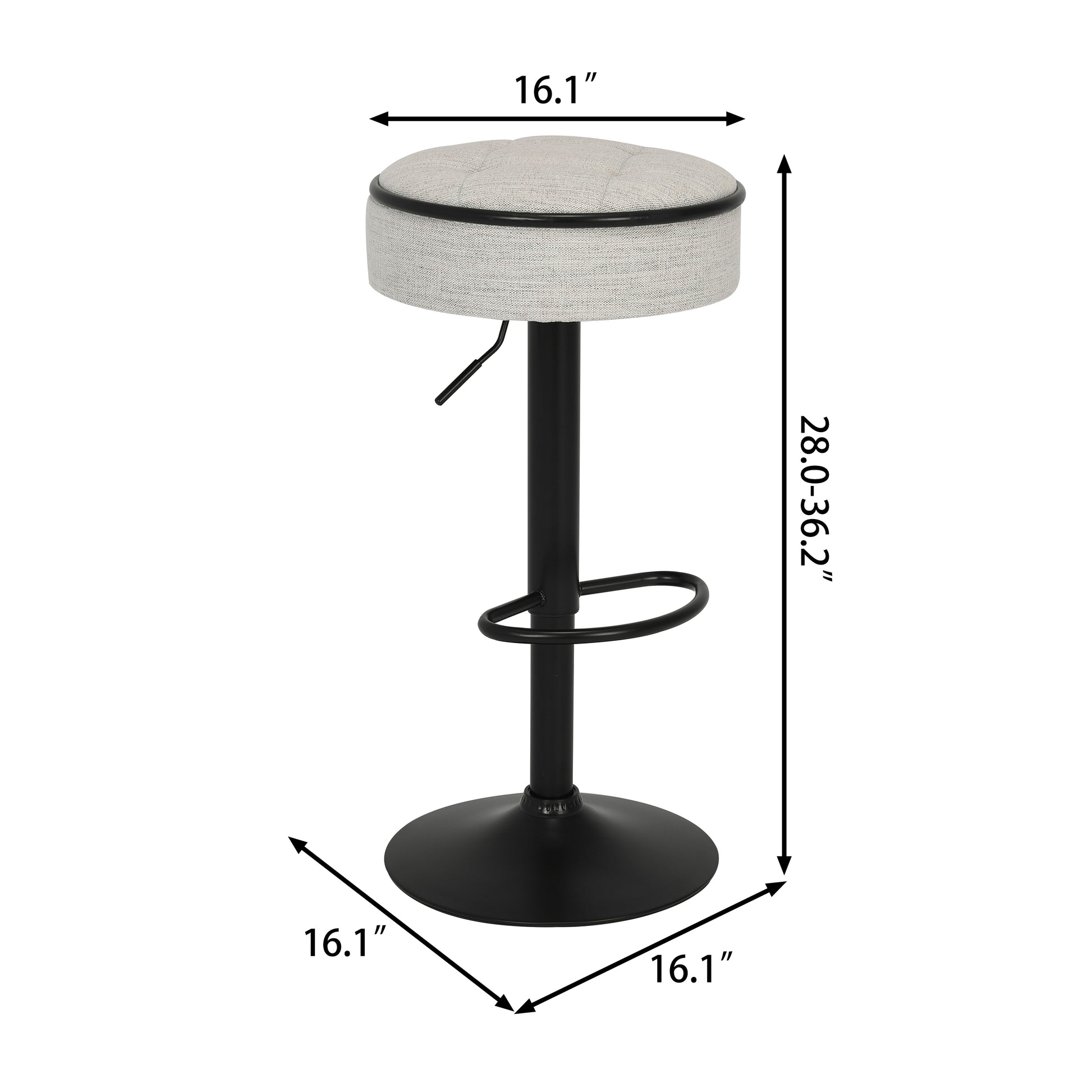 Adjustable height grey fabric bar stool with black metal base and footrest