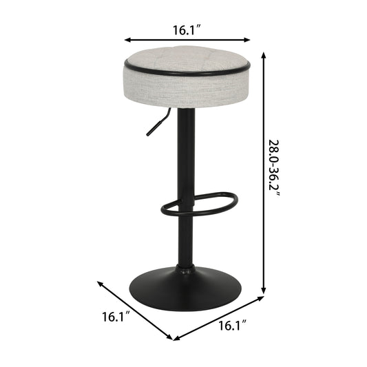 Adjustable height grey fabric bar stool with black metal base and footrest