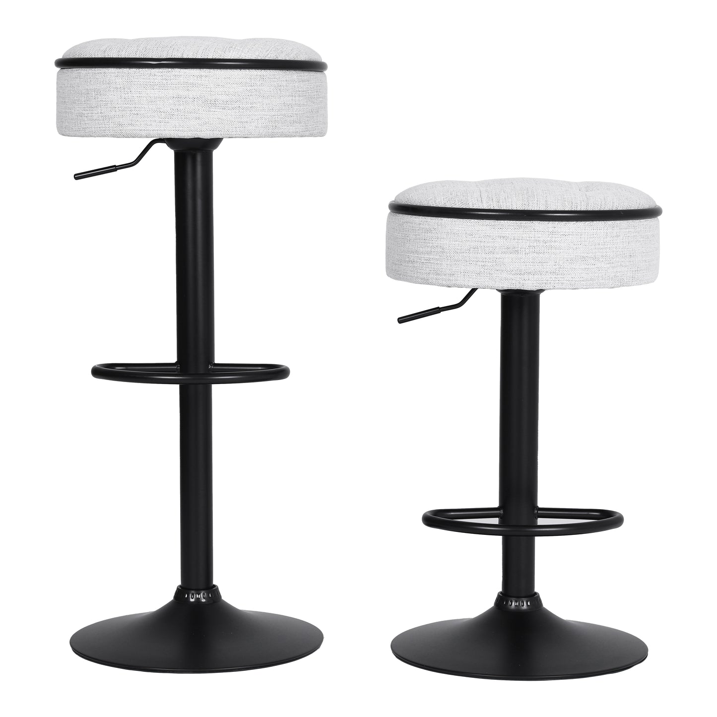 Adjustable height grey fabric bar stool with black base and footrest