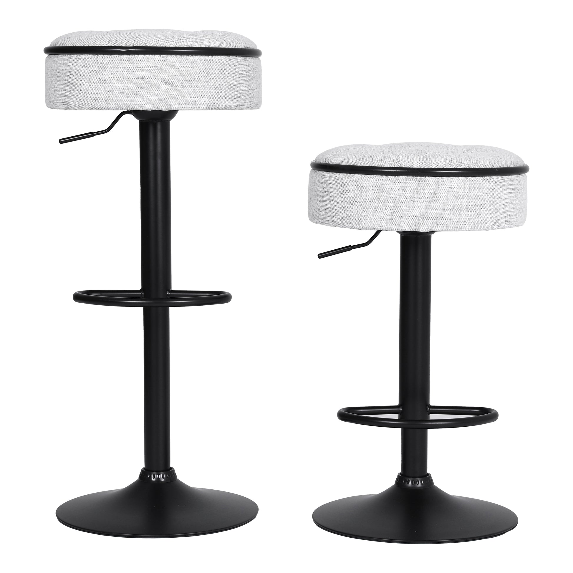 Adjustable height grey fabric bar stool with black base and footrest