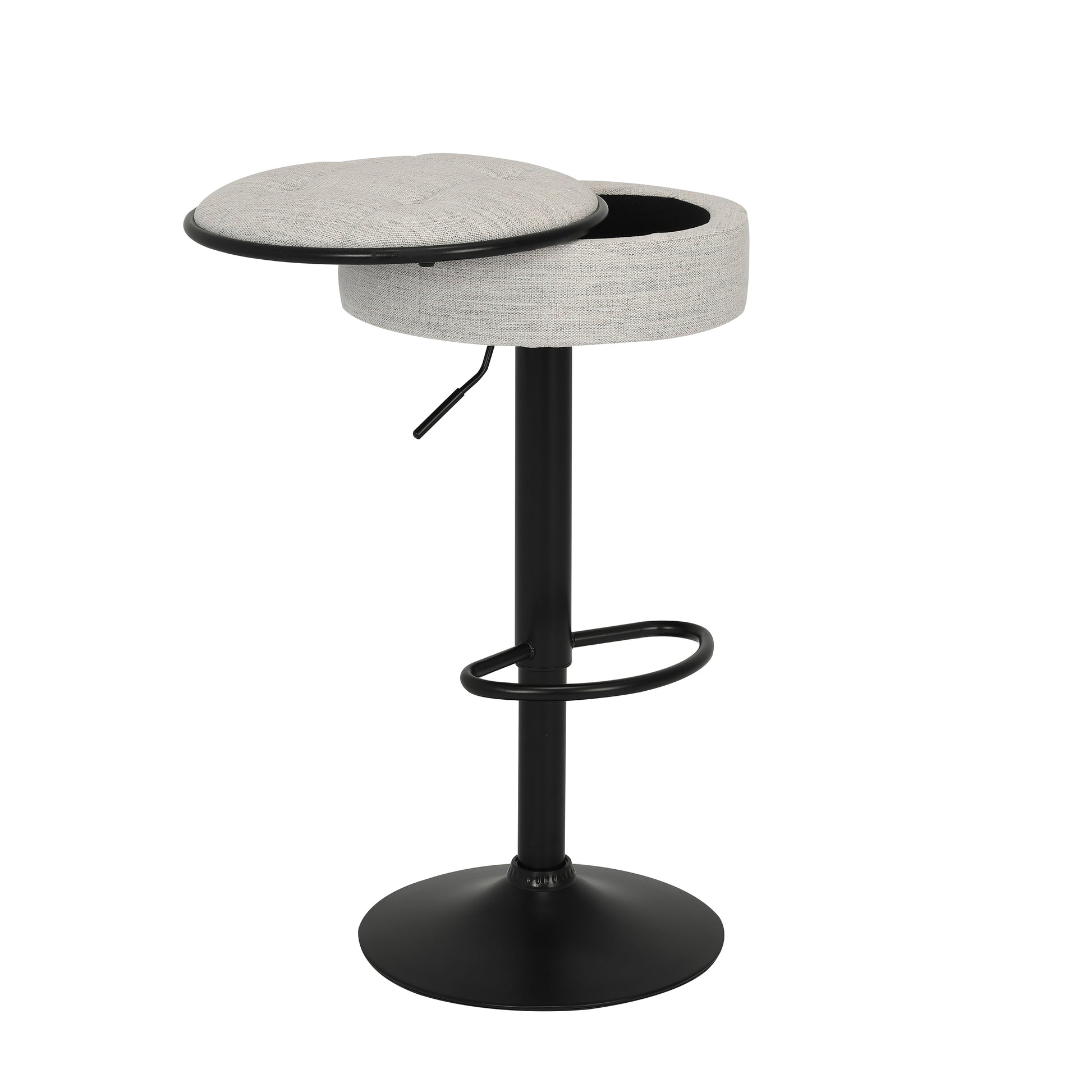 Adjustable height bar stool with light gray textured fabric upholstery and hidden storage