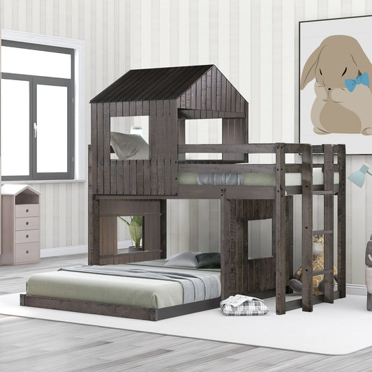 Rustic twin over twin bunk bed with houseshaped top bunk dark wood finish perfect for kids rooms