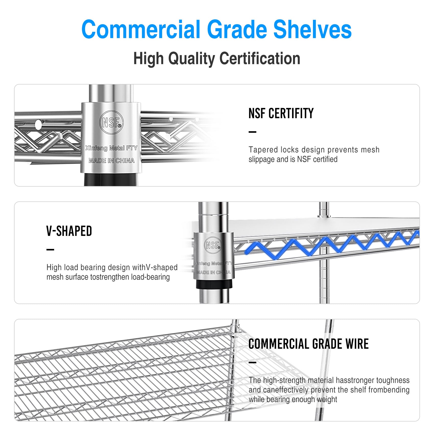 Silver NSF certified wire shelving with tapered locks for stability