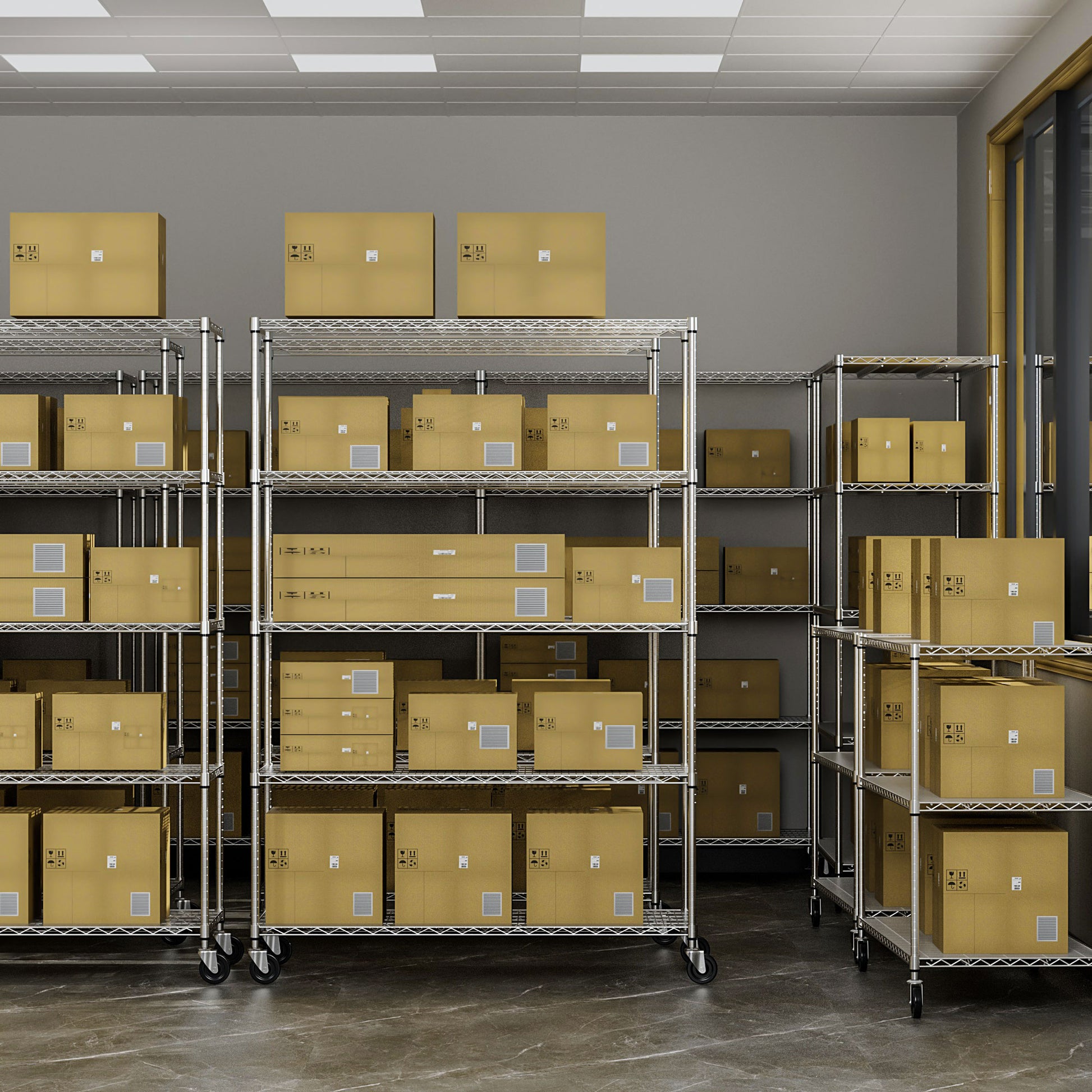 Cardboard boxes neatly stacked on silver wire shelving