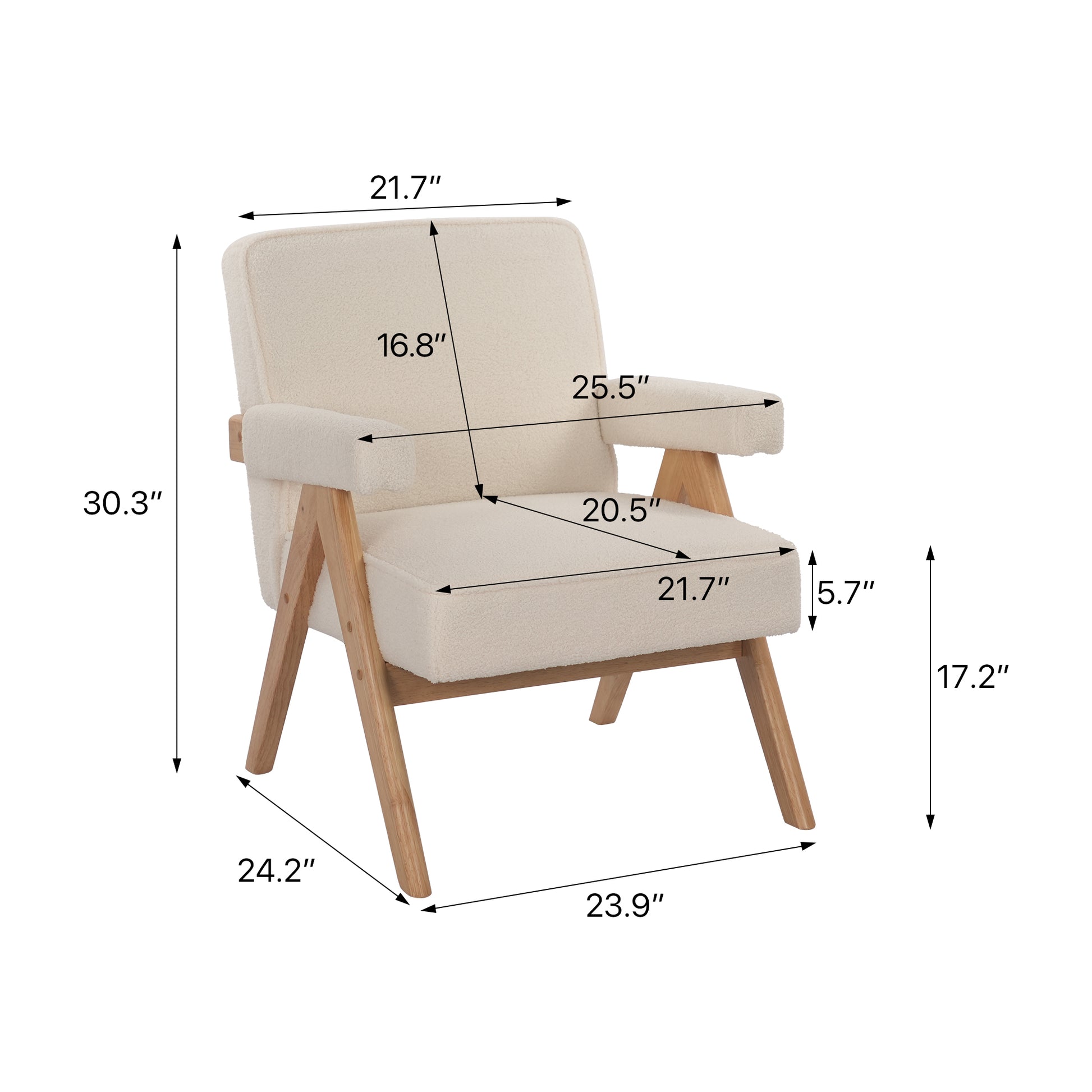 Cream boucle accent chair with natural wood legs and arms