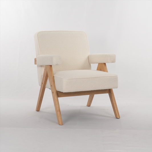 Cream boucle armchair with natural wood frame legs and armrests