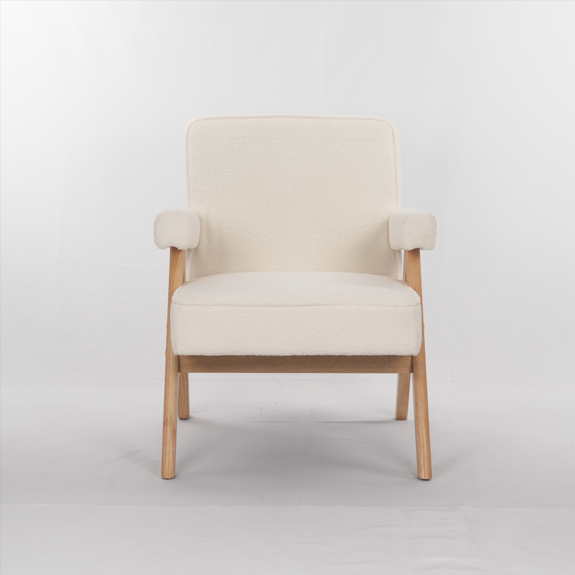 Cream boucle accent chair with natural wood frame