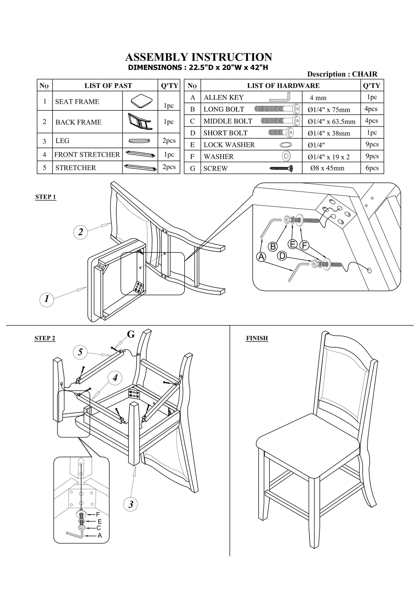 Diagram showing parts of a chair seat frame and hardware for assembly