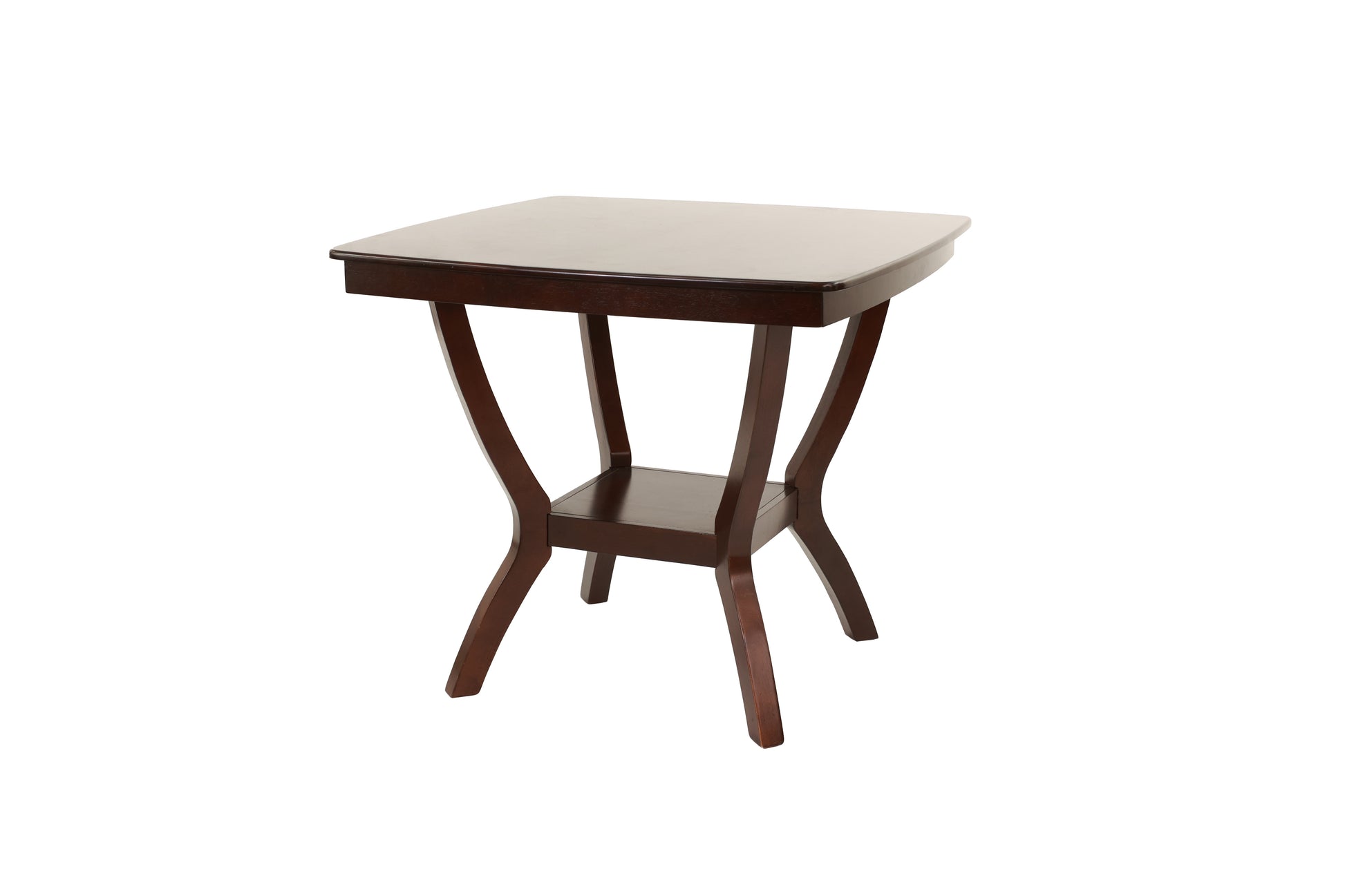 Dark brown wooden end table with curved legs and shelf