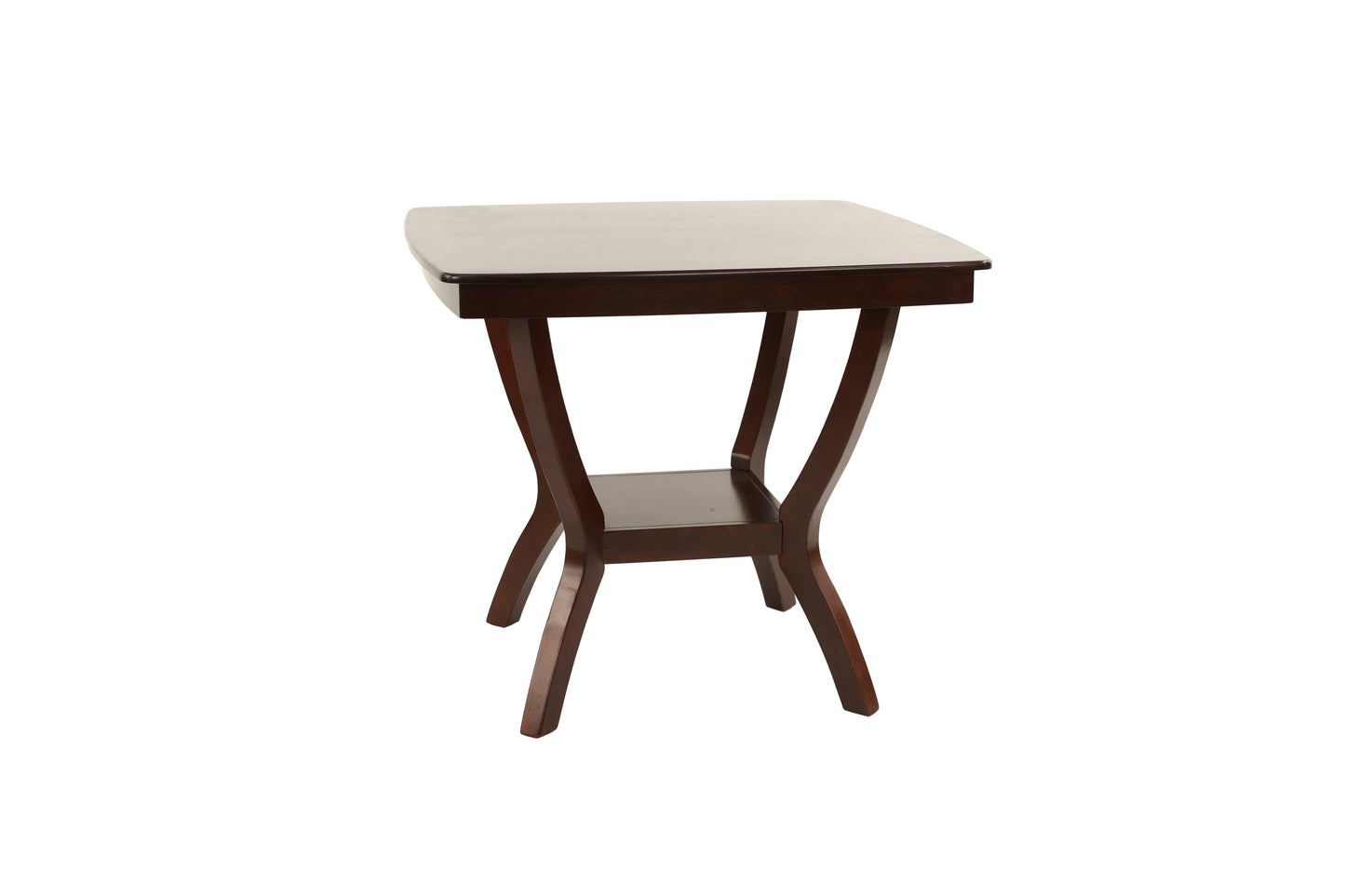 Dark wood end table with curved legs and lower shelf