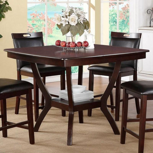 Dark brown square counter height dining table with four black faux leather stools