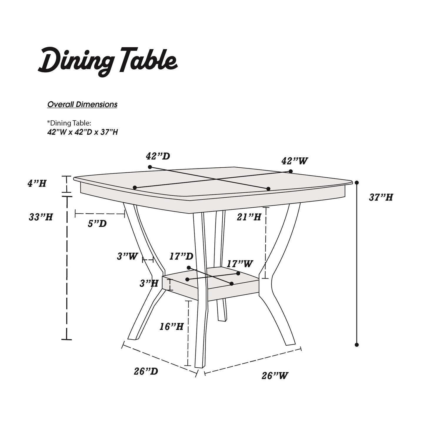 Line drawing of a square dining table with dimensions