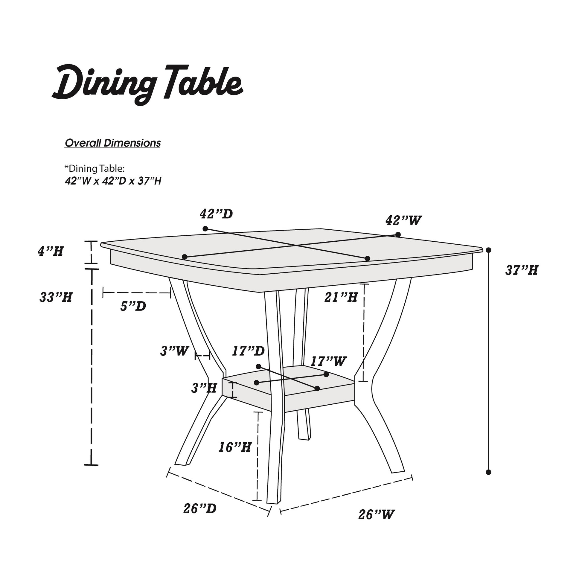 Line drawing of a square dining table with dimensions