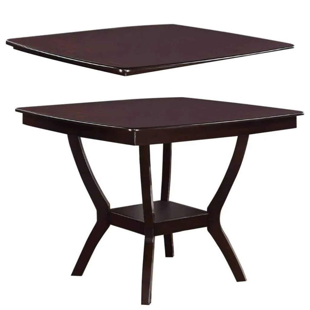 Dark brown square dining table with curved legs and shelf