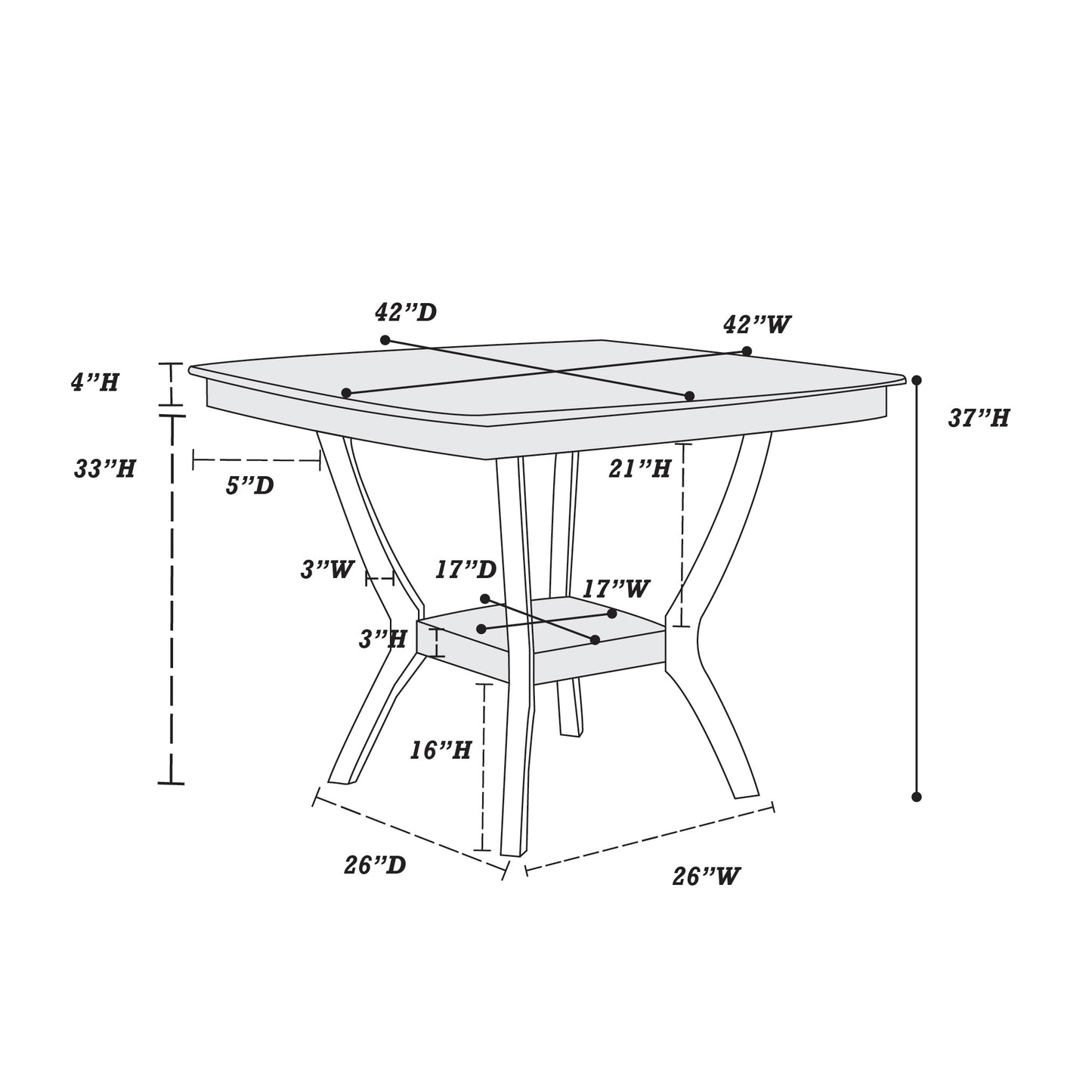 Line drawing of a square pub table with dimensions  W x  D x  H