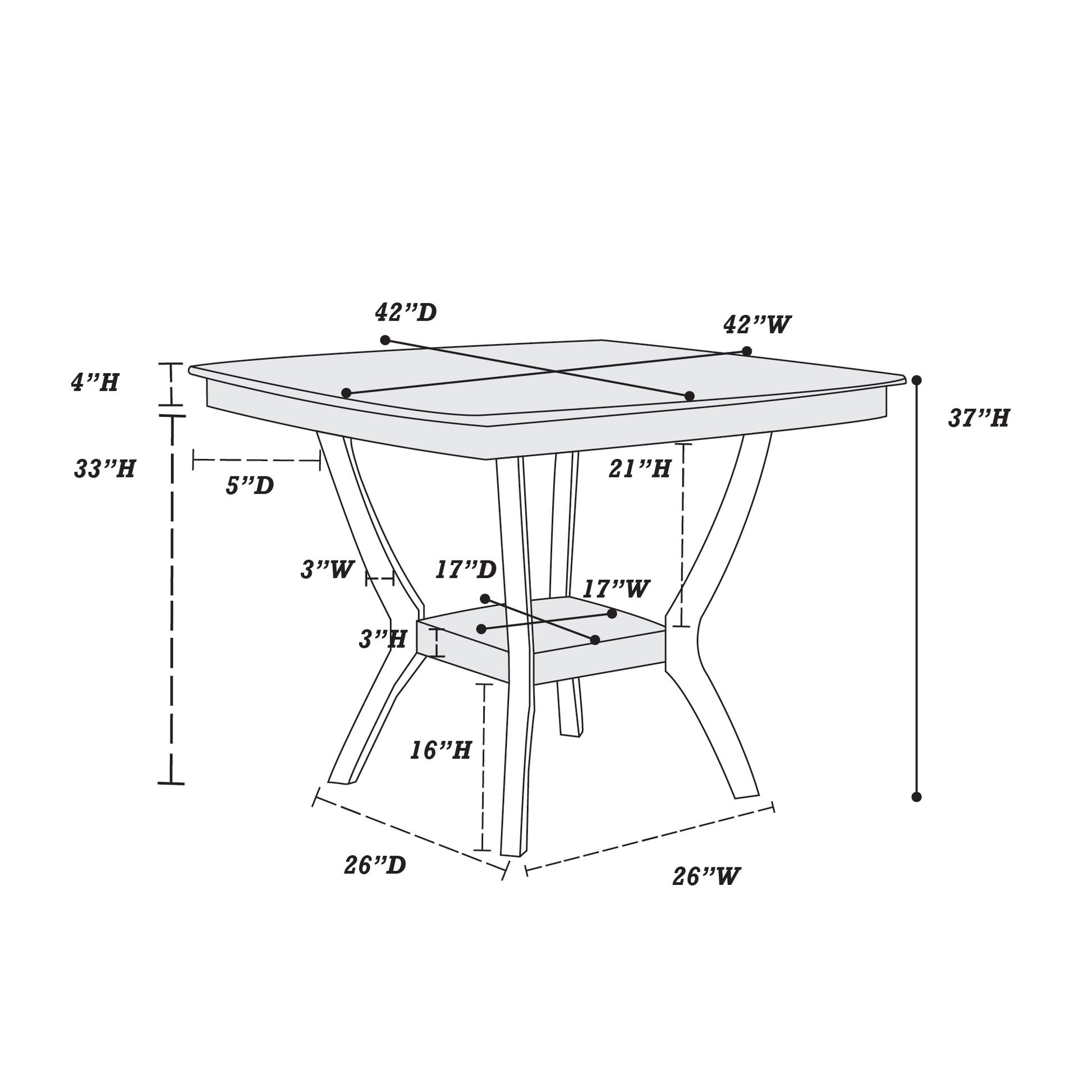 Line drawing of a square pub table with dimensions  W x  D x  H