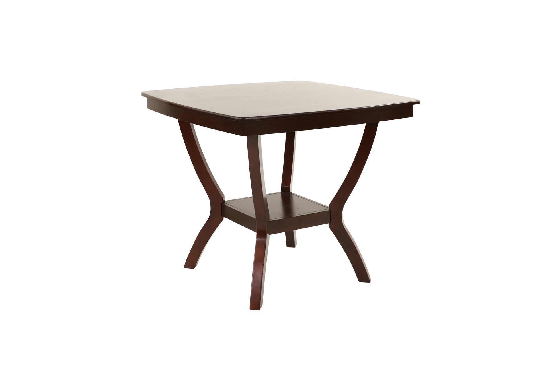 Dark brown wooden accent table with curved legs and a lower shelf