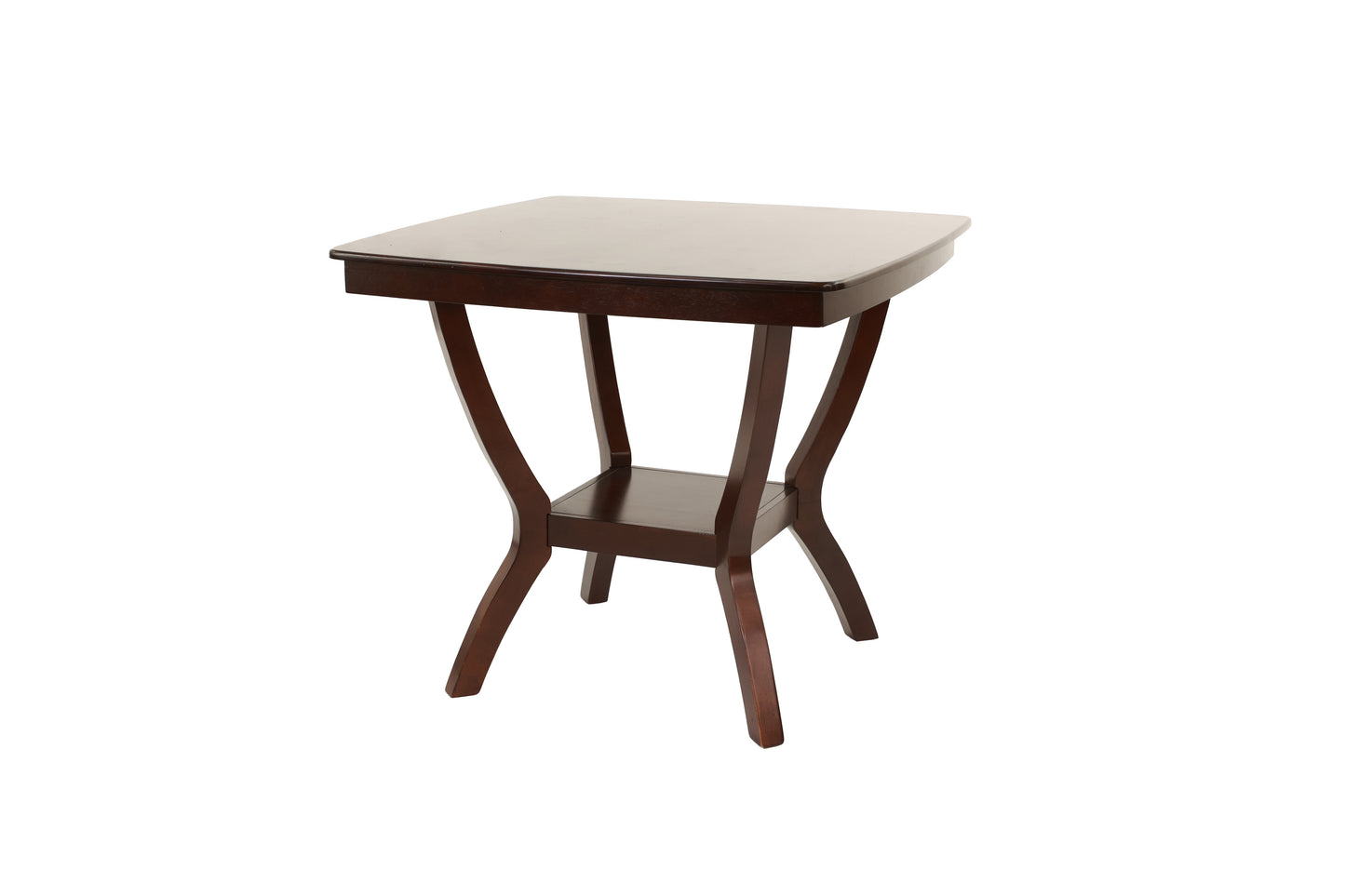 Dark brown wooden end table with a square top and curved legs