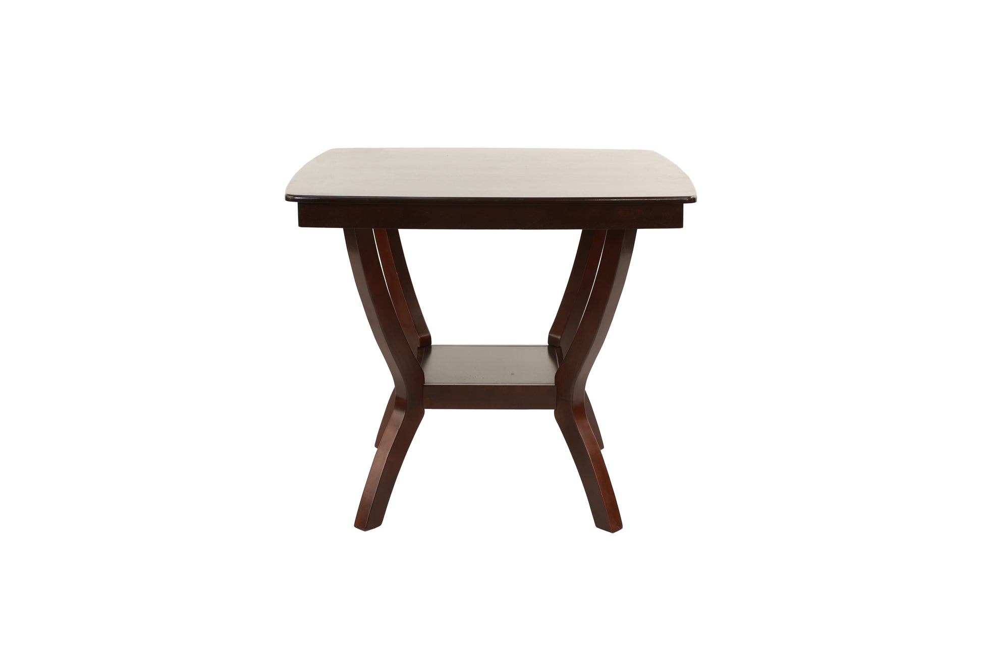Dark wood accent table with curved legs and lower shelf