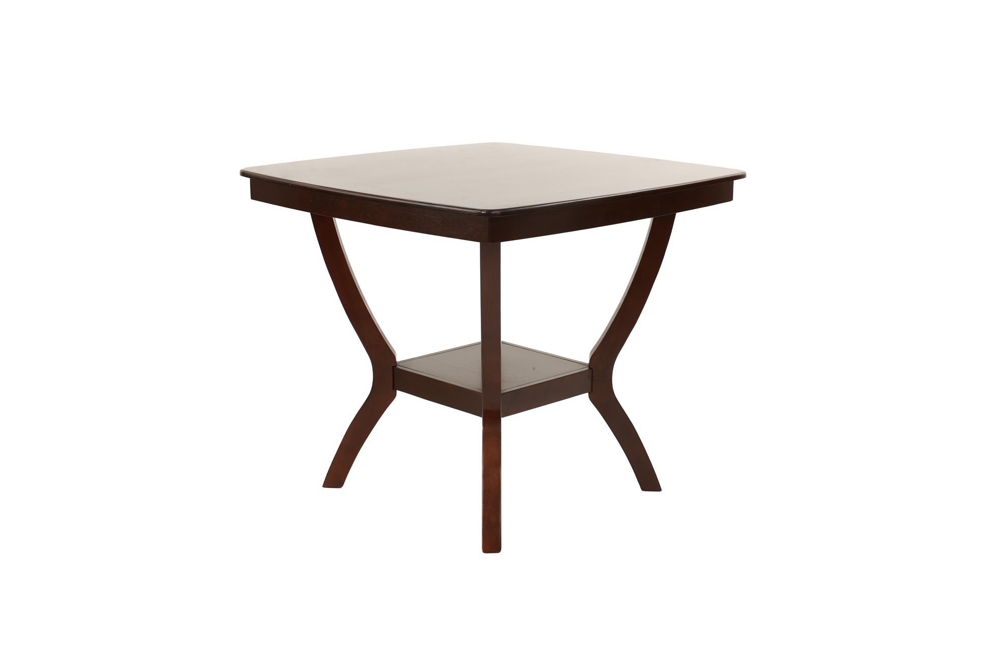 Dark wood square end table with curved legs and lower shelf
