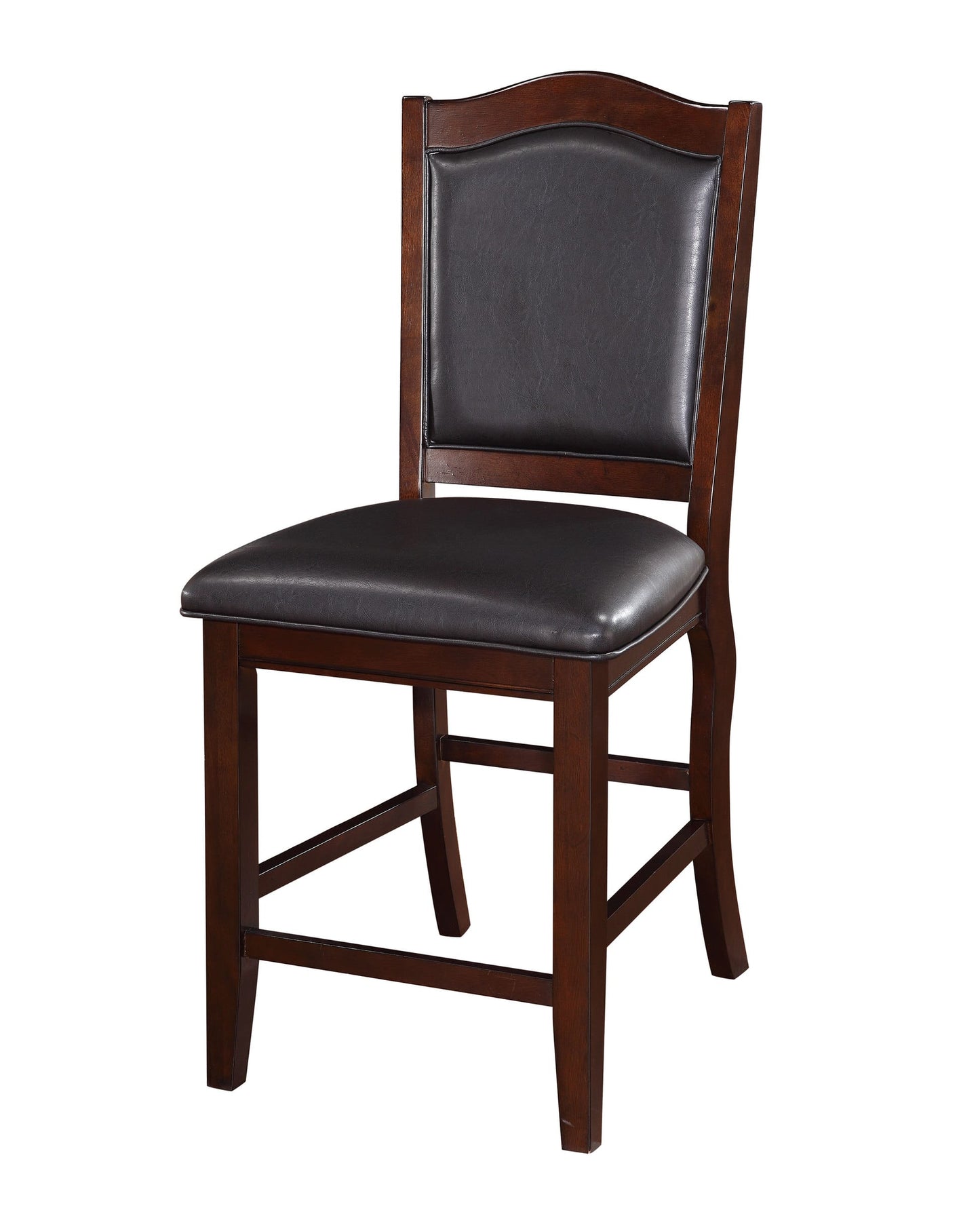 Dark brown wooden counter stool with black leather seat and back