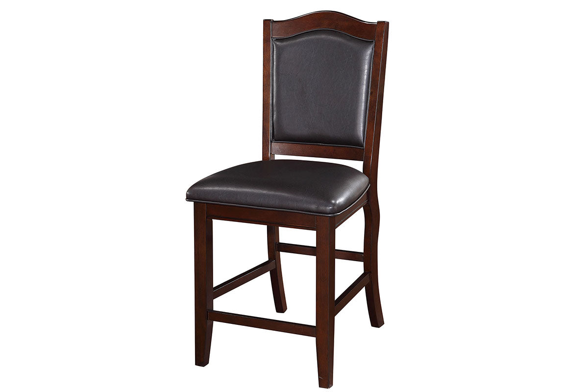 Dark brown faux leather counter stool with curved backrest and wooden frame