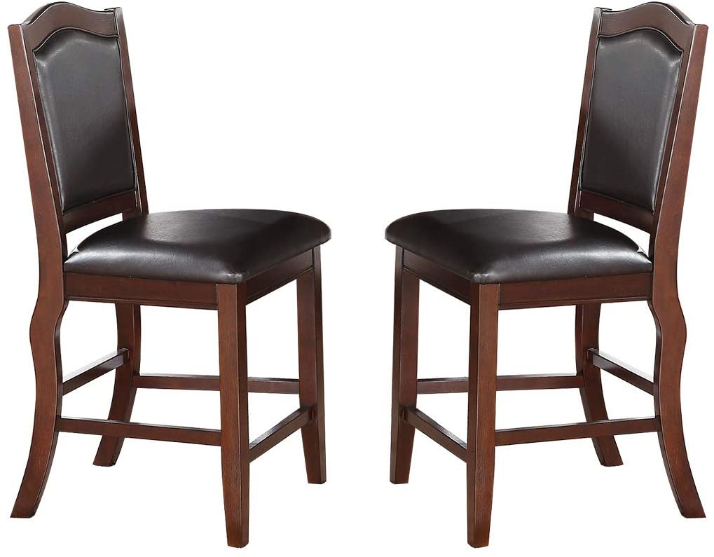 Pair of dark brown leather upholstered wooden bar stools with curved backs