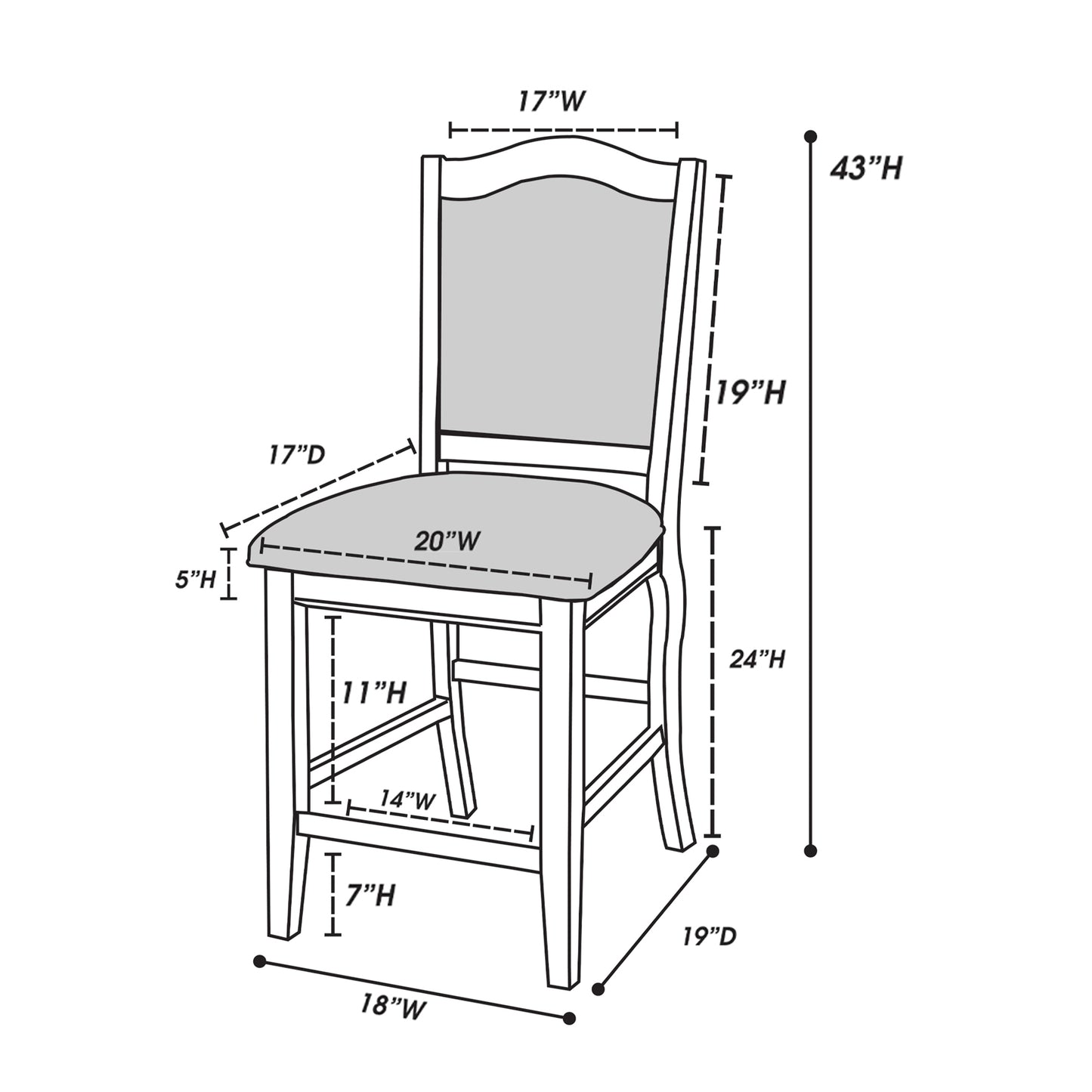 Diagram of a cushioned bar stool with dimensions H W seat D seat depth