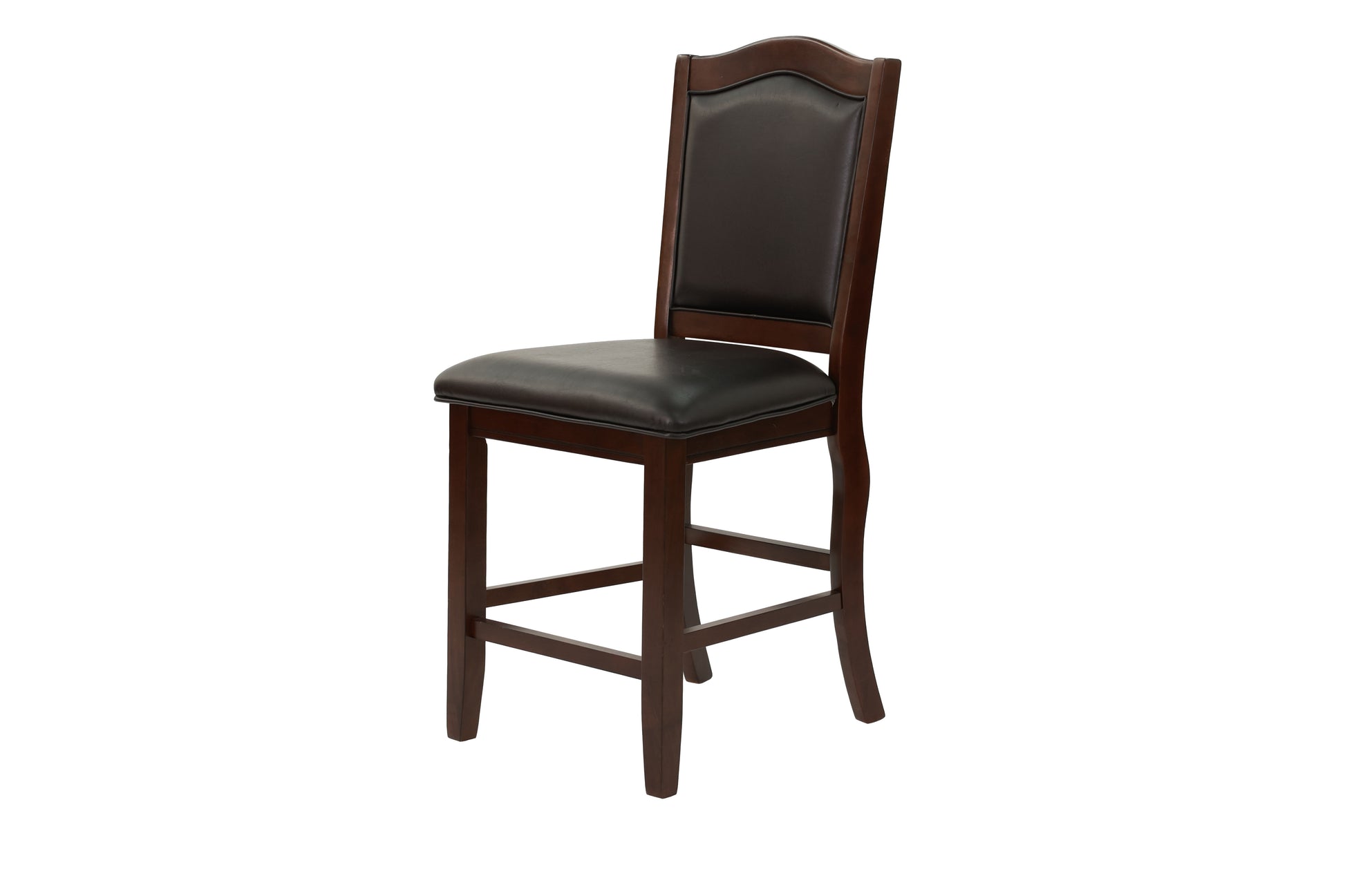 Dark brown leather upholstered counter stool with carved wooden frame